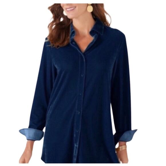 Soft Surroundings Legion Blue Velvet Boyfriend Tunic Shirt Women's Medium EUC - Picture 1 of 10